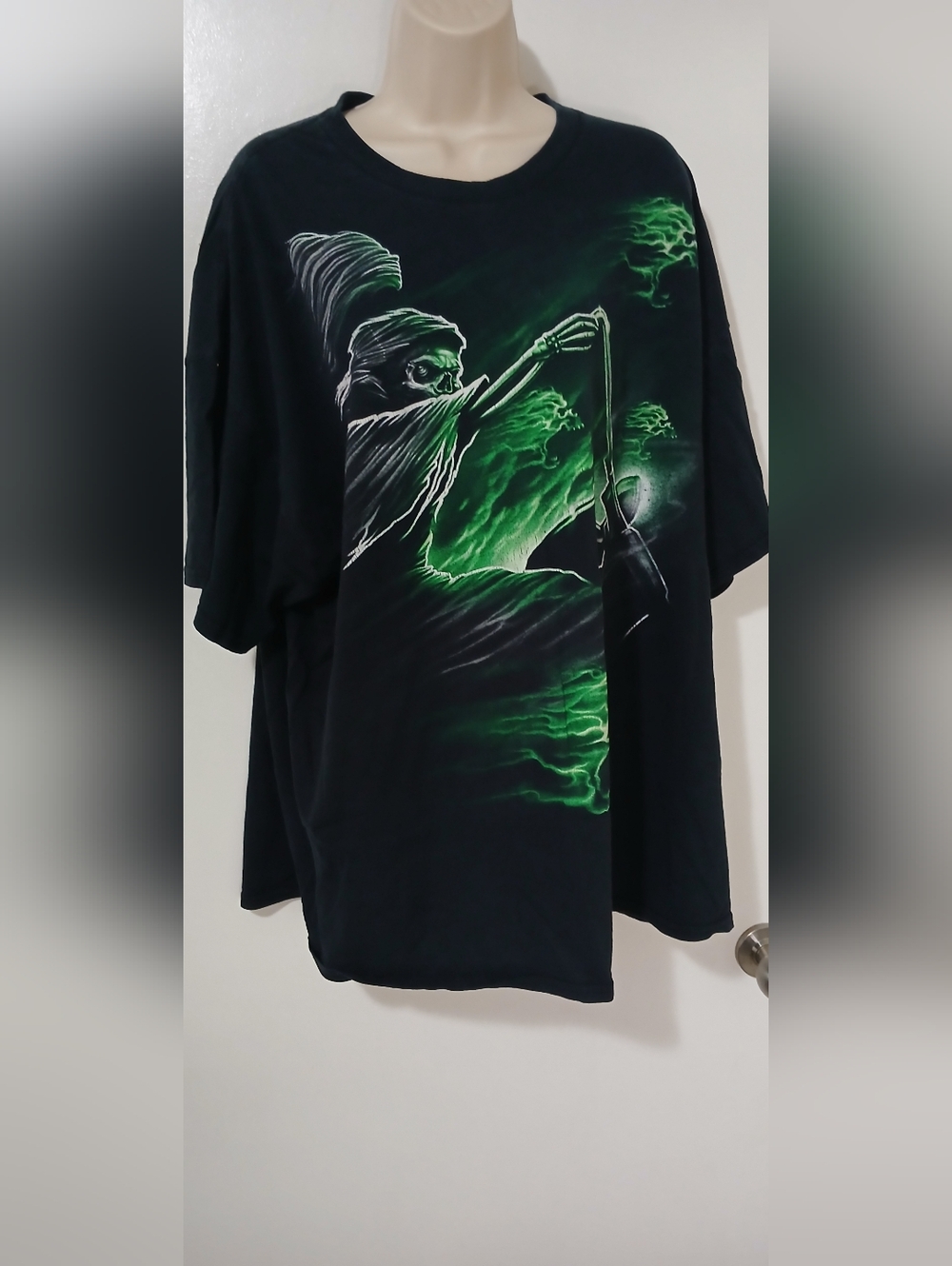 Black Graphic Grim Reaper Tee with Neon Green Accents